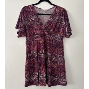 Three Seasons Maternity Top Large Short Sleeve made In USA Purple Pink Geometric